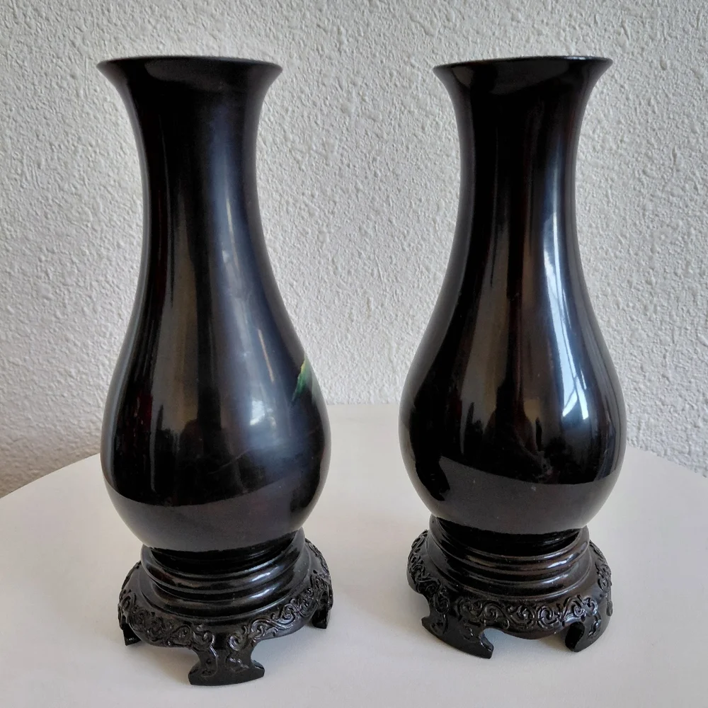 Antique Chinese Foochow Fuzhou Hand Painted Black Lacquered Wood 2 Vases.
